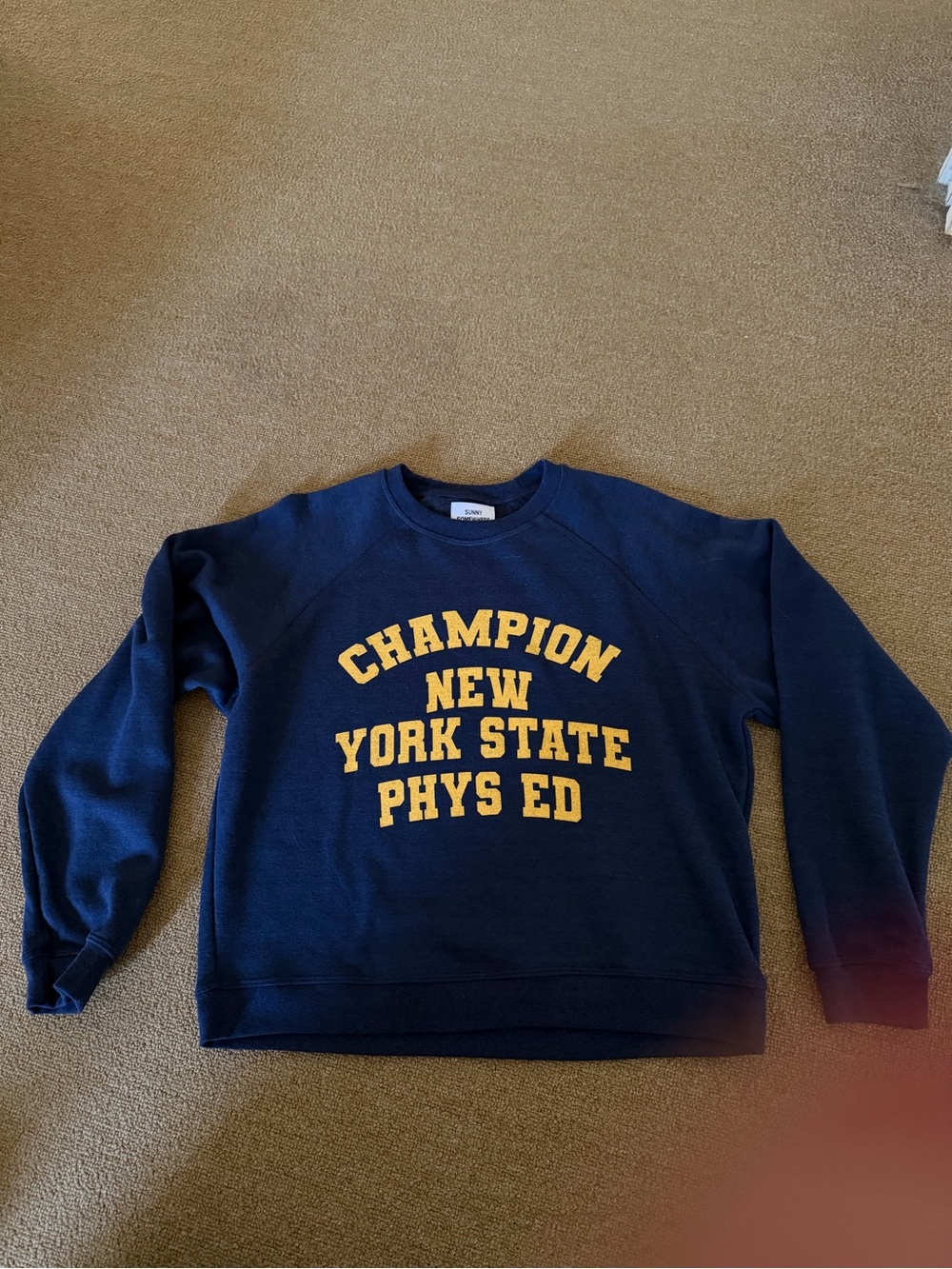 Sunny Somewhere Navy Sweatshirt with Yellow Collegiate Graphic NWOT